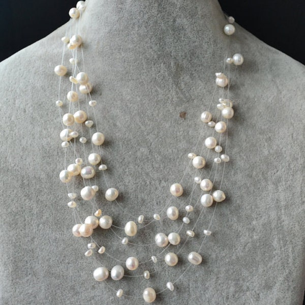 Floating Necklace,Illusion Necklace,multi-strand pearl necklace,6 rowes 3-8 mm 17-20 inch white Freshwater Pearl Necklace,wedding necklace