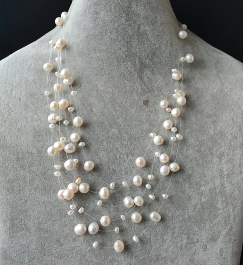 Floating Necklaceillusion Necklacemultistrand Pearl Etsy