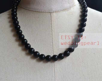 10mm black agate necklace,single strand black bead necklace,statement necklace, women necklace,real stone necklace, classical necklace