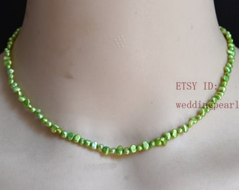 small lime green pearl necklace, 14.5 inch tiny baroque pearl necklace, 4mm pearl necklace, statement necklace, real freshwater pearls