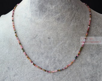 Collier de tourmaline polyédrique de 2,5-3 mm, petit collier de perles en pierre multicolore simple brin, collier tendance, collier en pierre véritable