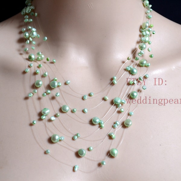 Mint Green Floating Necklace, 10 strands, light green pearl necklace, Illusion Necklace, real pearl necklace, statement Necklace