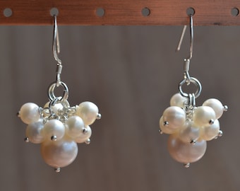 cluster pearl earrings,dangle pearl earrings,white pearl earring,5-8mm freshwater pearl earrings,bridesmaid gift,ivory pearl earrings,