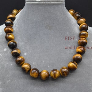 18mm Tiger&#39;s eye Stone Necklace, Large Yellow Brown bead necklace, women necklace,men necklace, hand knotted each bead,statement necklace
