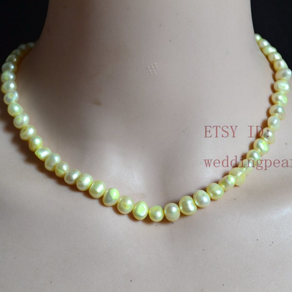 Light yellow pearl necklace, 7x9mm freshwater pearl necklaces, real pearl necklaces, cheap pearl necklace, yellow beaded necklace