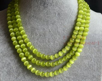 Lime Green Necklace, triple strands green man-made cat's eye stone necklace, choker necklace, statement necklace, glass bead necklaces