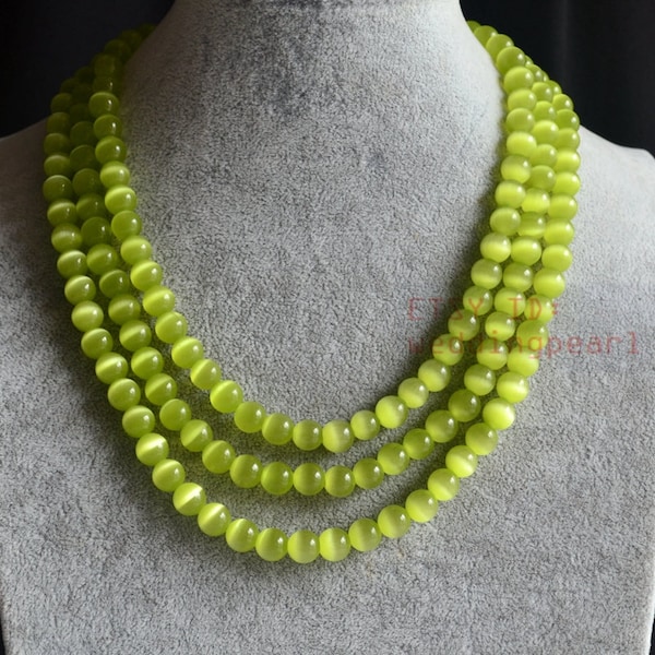 Collier vert lime, collier oeil de chat artificiel vert à trois rangs, collier ras de cou, collier tendance, colliers de perles de verre