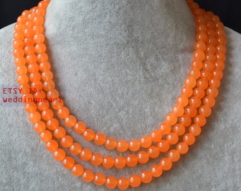 Orange Necklace,wedding necklace,orange jade necklace,3 row orange jade necklace,triple strand orange necklace,wedding necklace,bridesmaid