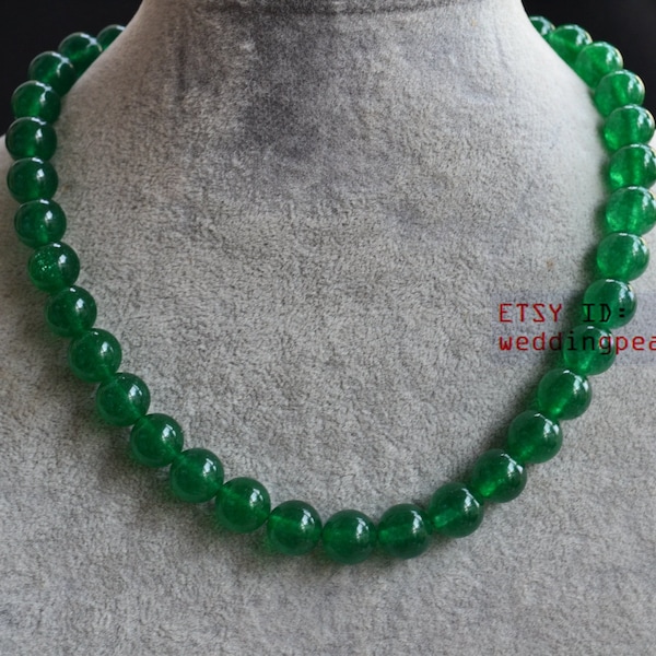 10mm green jade necklace,single strand green bead necklace,statement necklace, women necklace, stone necklace, green color beads necklace