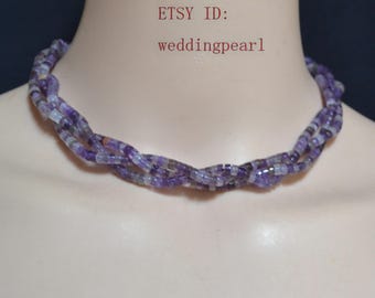 Natural Amethyst Triple Strand Necklace,Genuine Stone Statement Jewelry,Stainless Steel Clasp