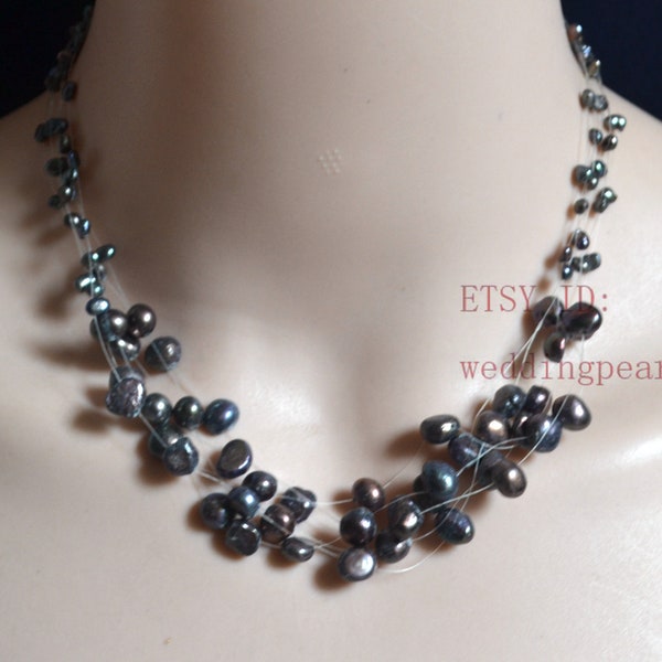 peacock black Pearl Floating Necklace, 6strands, 12 strands, 18 strands, Illusion Necklace,Multistrand Necklace, Real Pearl Necklace