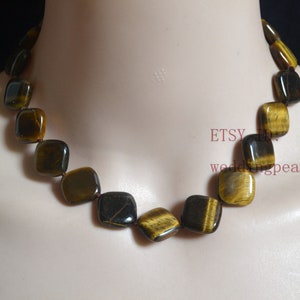 Rhombus Tiger&#39;s Eye Stone Necklace, 17 inch 18.5mm Yellow Brown bead necklace, hand knotted each bead,statement necklace