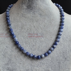 Sodalite Stone Beaded Necklace, Round Gemstone, Blue & White