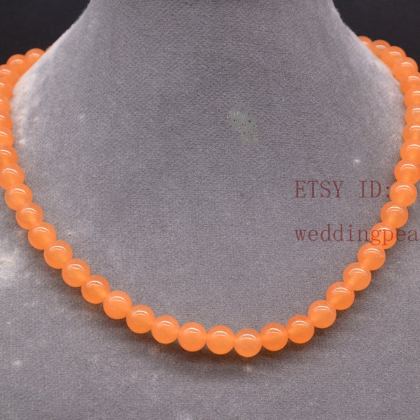 8mm light orange jade necklaces, light orange color necklaces, orange jade necklace, statement necklace,single strand light orange bead