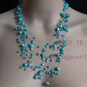 Blue Floating Necklace, 18-24 inchs light blue pearl necklace, Illusion Necklace, real pearl necklaces, wedding necklace, statement Necklace