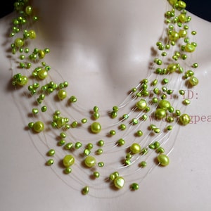 Green Floating Necklace, green pearl necklace, Illusion Necklace, real pearl necklaces, wedding necklace, statement Necklace