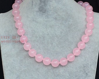 Colar com contas de jade rosa de 14 mm, joia marcante