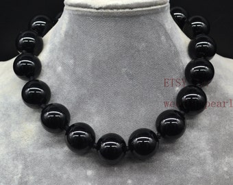 very big black agate bead necklace, 20 mm black bead necklace, women necklace,men necklace, hand knotted each bead, statement necklace