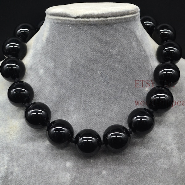 Très gros collier de perles d'agate noire, collier de perles noires de 20 mm, collier femme, collier homme, chaque perle nouée à la main, collier tendance