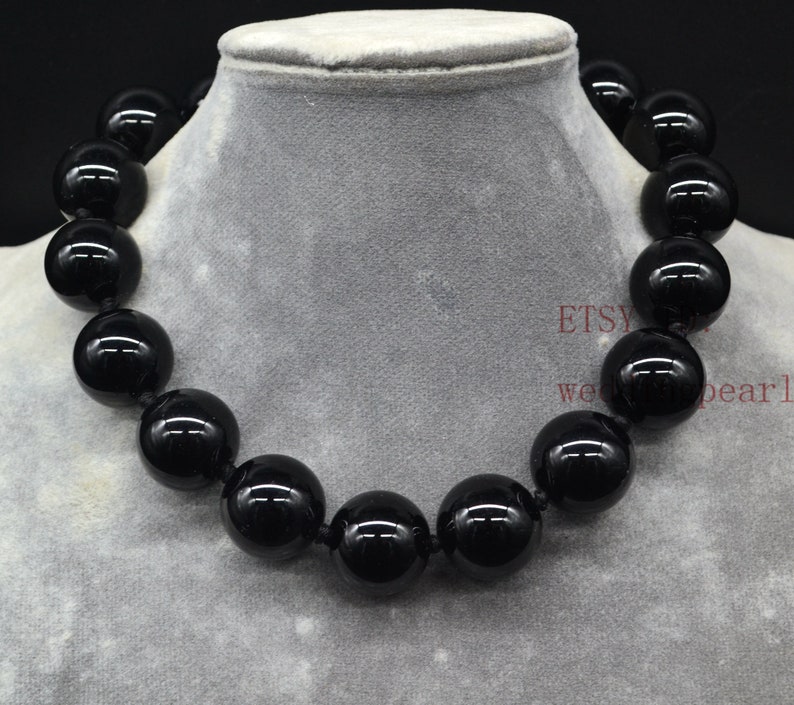 very big black agate bead necklace, 20 mm black bead necklace, women necklace,men necklace, hand knotted each bead, statement necklace image 1