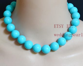 light blue beads necklace,16mm turquoise color mother of pearl beaded