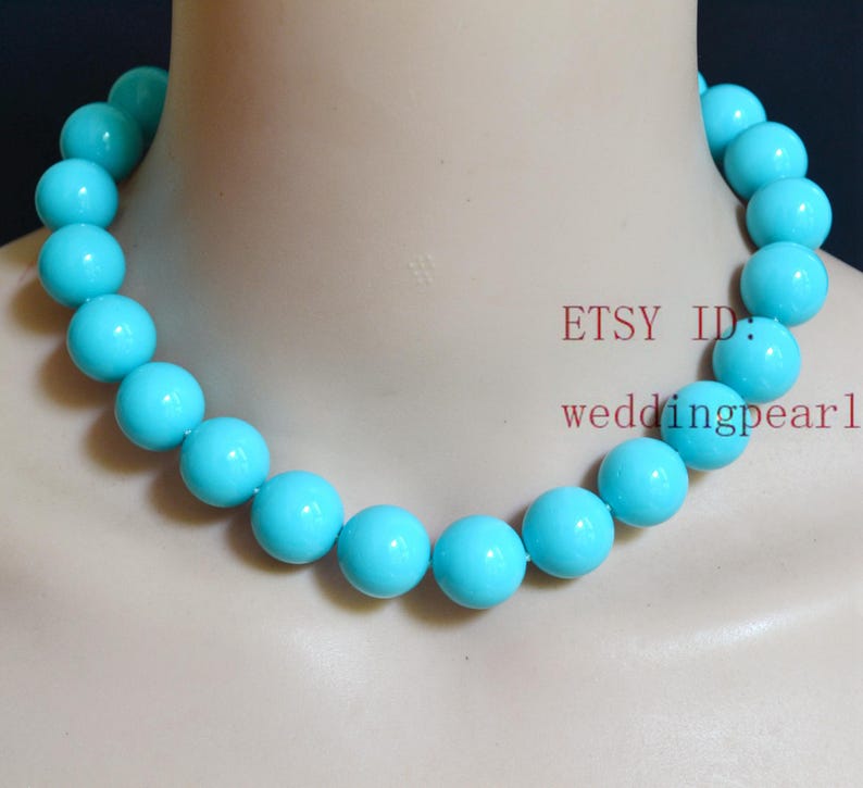 light blue beads necklace,16mm turquoise color mother of pearl beaded,shell pearl necklace,pearl necklace,wedding jewelrys,gift for her. image 1