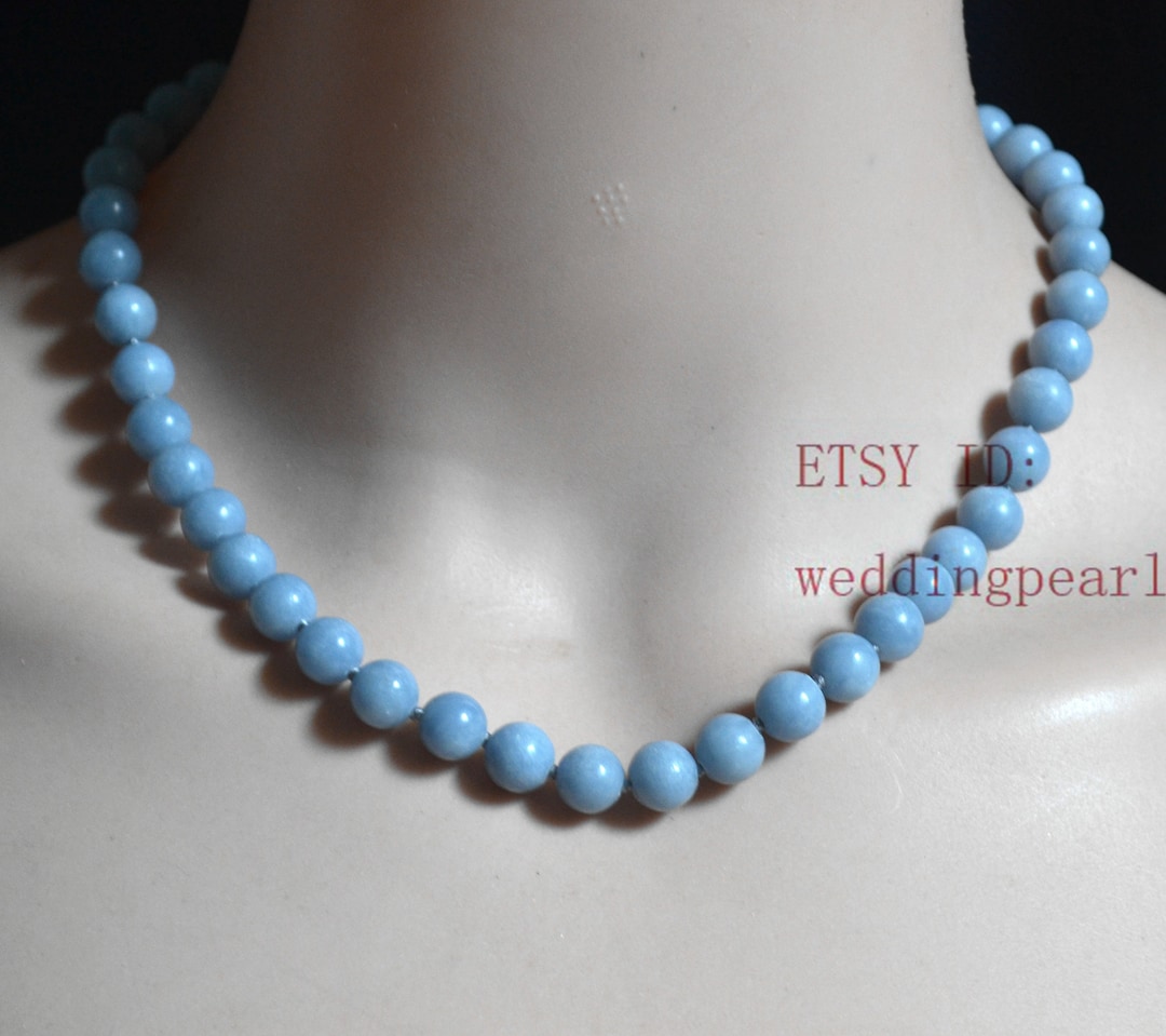 Collier 3 Rangs En Angélite Naturelle Bleue - 371 Carats, Fermoir Camée Nacre - Fait Main France