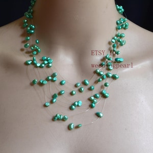 blue green pearl Floating Necklace, 8 strands real pearl Illusion Necklace, Freshwater Pearl Necklace, statement necklae