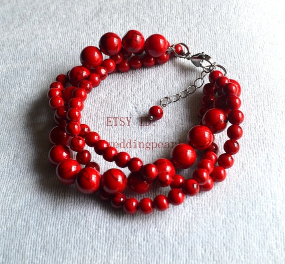 Red Turquoise Bracelet triple Strand 6 8mm Red Bead Bracelet