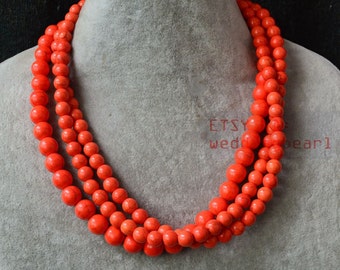 turquoise necklace,triple strand orange turquoise necklace,statement necklace,man-made turquoise necklaces,orange bead necklace, women