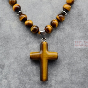 Tiger&#39;s-eye Cross Pendant, 8mm Tiger&#39;s-eye Stone with Tiger&#39;s-eye pendant,Man Necklace, Boy Necklace, Cool necklace, cross necklace