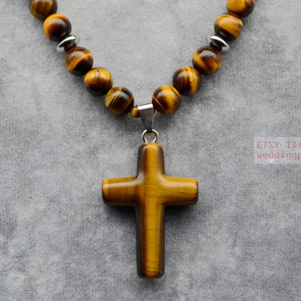 Tiger's-eye Cross Pendant, 8mm Tiger's-eye Stone with Tiger's-eye pendant,Man Necklace, Boy Necklace, Cool necklace, cross necklace