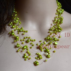 Lime Green Floating Necklace, green pearl necklace, Illusion Necklace, real pearl necklace, green beaded necklace, statement Necklace