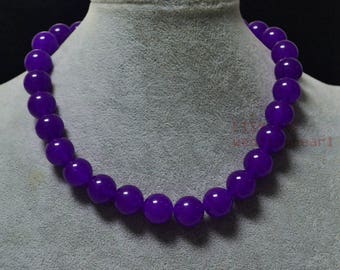 Purple Jade Beaded Necklace, 14mm Gemstone, Statement Jewelry