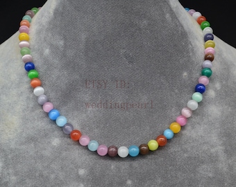 Collier oeil de chat multicolore, collier de perles oeil de chat simple brin de 6 mm, collier tendance, collier fille, collier de perles de verre