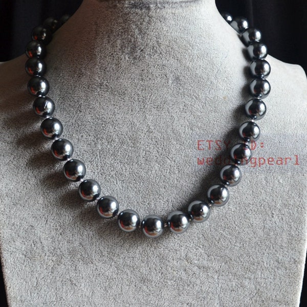 12mm dark gray pearl necklaces, shell pearl necklaces, fake pearl necklace, bridesmaids necklace, dark gray bead necklace,statement necklace