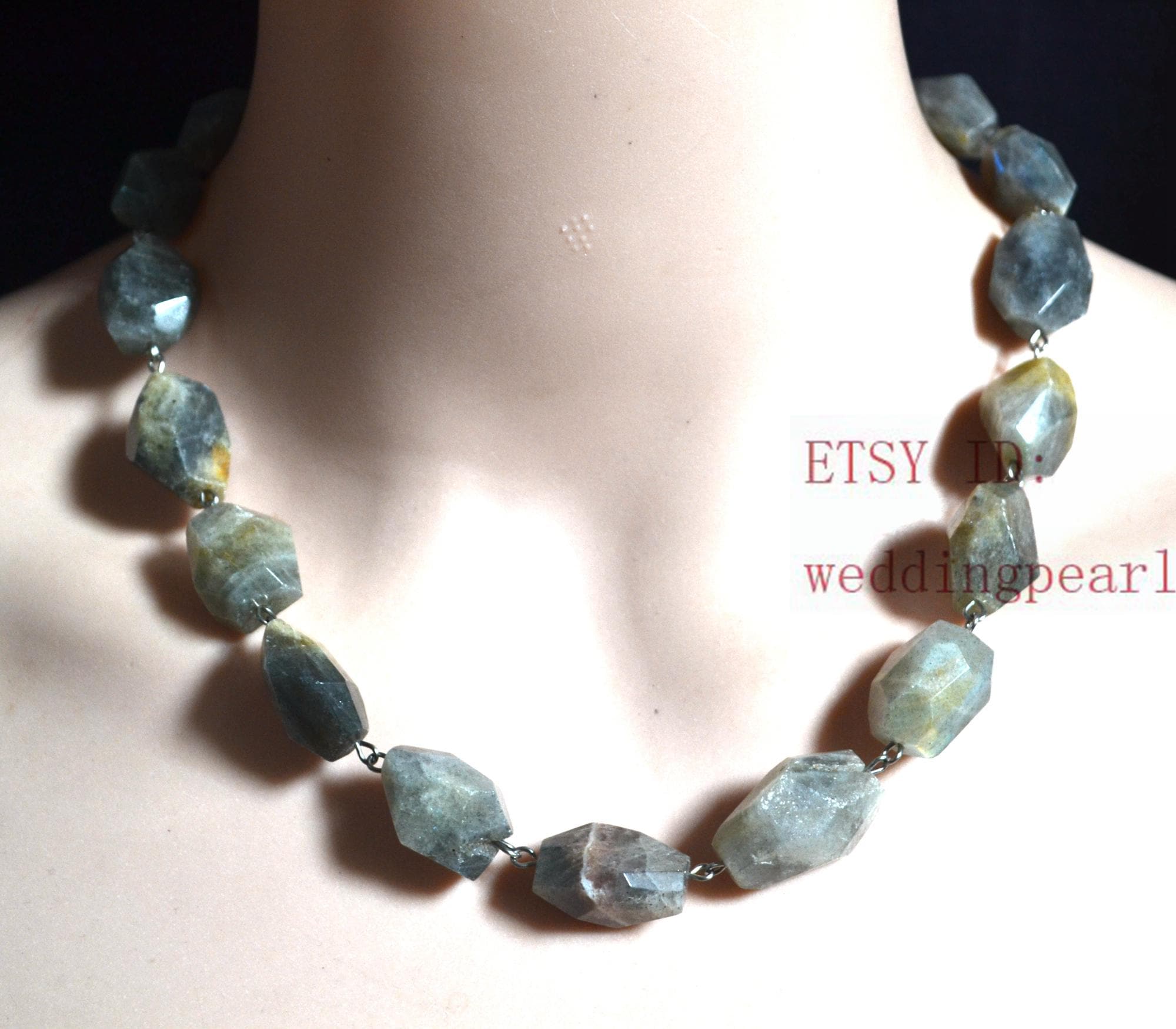 Gray Labradorite Bead Necklace, Stainless Steel Clasp, 18.5 Inch