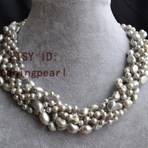 Collar trenzado de perlas de agua dulce grises reales, collar de cuentas grises, gargantilla de perlas reales, collar llamativo, regalo para ella