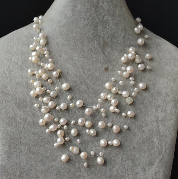 Floating Necklace, Illusion Necklace,nine Strands Pearl Necklace, Multi- strand Necklace, Real Pearl Necklace, Statement Necklace -  Israel