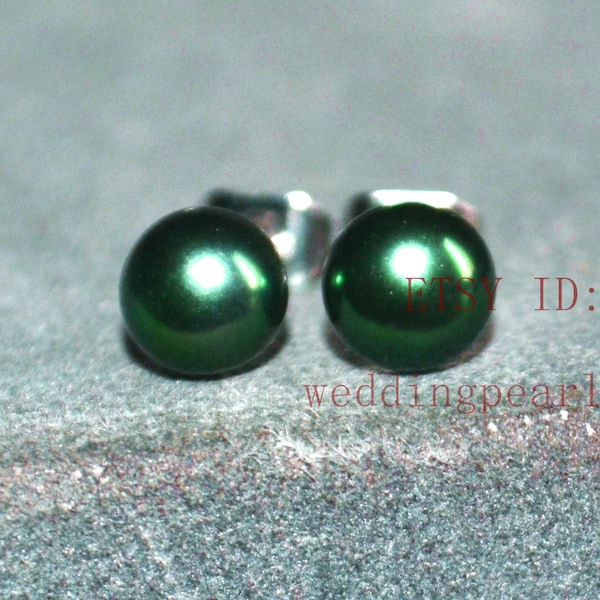 pendientes de perlas de color verde oscuro - Pendientes de perlas de agua dulce de 6 mm, pendientes de perlas reales, pendientes de cuentas verdes, pendientes de dama de honor