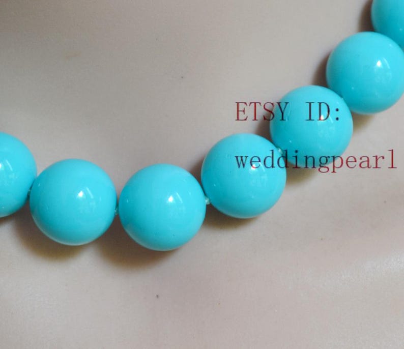 light blue beads necklace,16mm turquoise color mother of pearl beaded,shell pearl necklace,pearl necklace,wedding jewelrys,gift for her. image 2