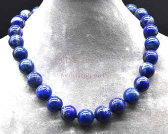 Large Natural Lapis Lazuli necklace, big navy blue bead necklace,semi precious stone necklace, sweet stone necklace, statement necklace