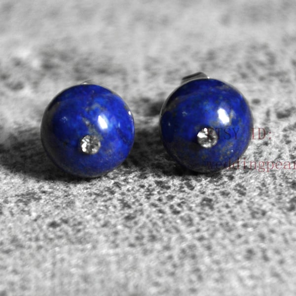 Natural Lapis Lazuli Stud Earrings, bead with rhinestone earrings, Navy Blue stud earrings, more size, big lapis earrings stud