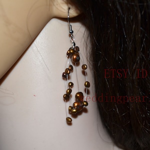 Floating earrings, Illusion earrings, wedding earring, dangle pearl earrings, freshwater pearl earrings, brown pearl earrings