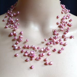 rose pink pearl necklace, 19 inch real pearls Floating Necklace, Illusion Necklace, Multistrand Necklace, baroque pearl necklace