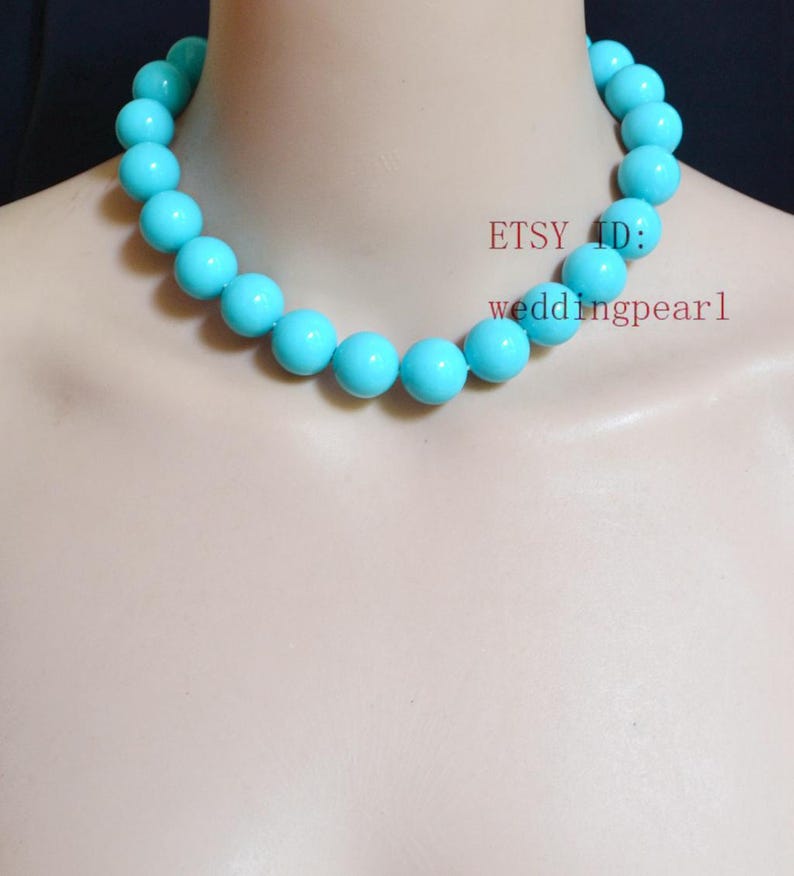 light blue beads necklace,16mm turquoise color mother of pearl beaded,shell pearl necklace,pearl necklace,wedding jewelrys,gift for her. image 4