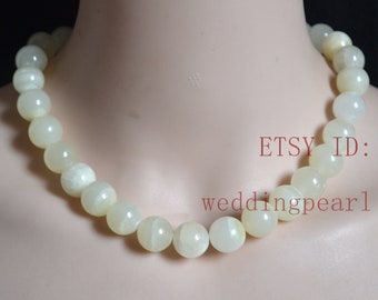 Natural Jade Necklace,single strand 14mm big light yellow color stone necklace, gift for her, large beaded necklace, real stone