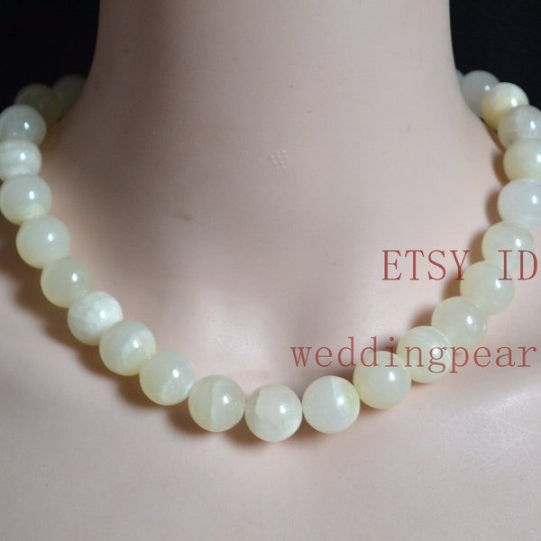 Natural Jade Necklace,single strand 14mm big light yellow color stone necklace, gift for her, large beaded necklace, real stone