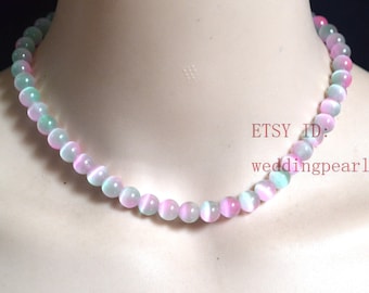 rosa grüne perlenkette, 8mm katzenauge perlen kette, geschenk für sie, mutterstag geschenk
