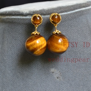 double tiger's eye earrings, Gold Plated Post earrings, tiger eye stone beaded earrings, yellow brown color, stud and dangling earrings